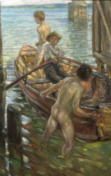 Im Sommer. Knaben Mit Ruderboot Am Seeufer Oil Painting by Richard Winternitz