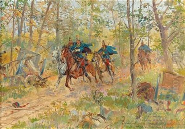 Lichtenstein Dragoons On Patrol Near Dunajov  (the First Battle Of Lemberg) Oil Painting by Leonard Winterowski