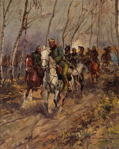 Uhlans Galloping Through Forest Oil Painting by Leonard Winterowski