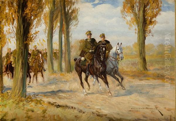 Wojsko Polskie Jadace Droga Oil Painting by Leonard Winterowski