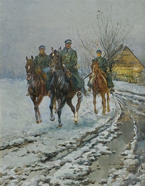 Polish Uhlans Patrol Oil Painting by Leonard Winterowski