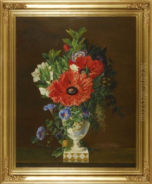 Still Life With Flowers In A Gold And White Porcelain Urn by Arnold Winther