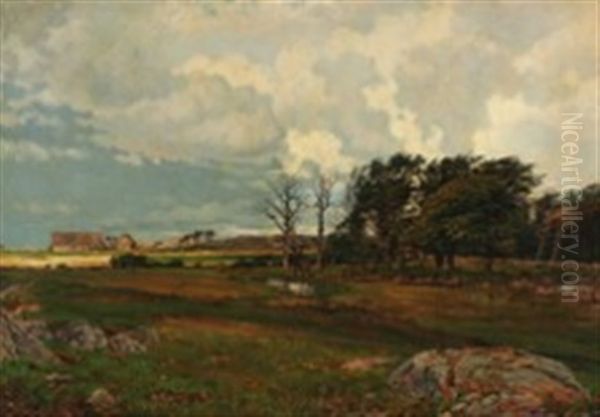 Landscape With Windswept Trees, Houses And Cows Oil Painting by Frederik Julius August Winther