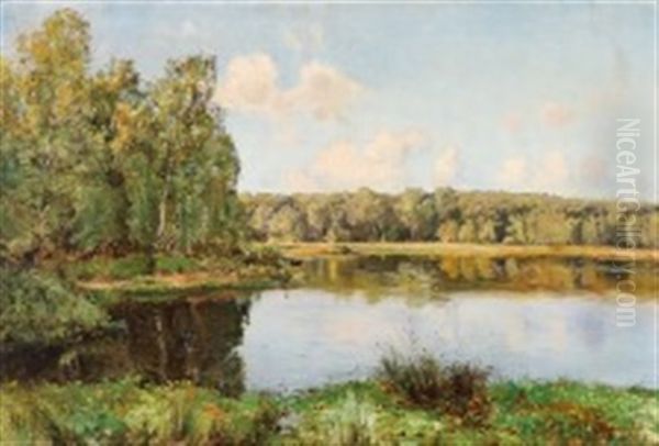 A Summer Landscape Near Lake And Forest Oil Painting by Frederik Julius August Winther