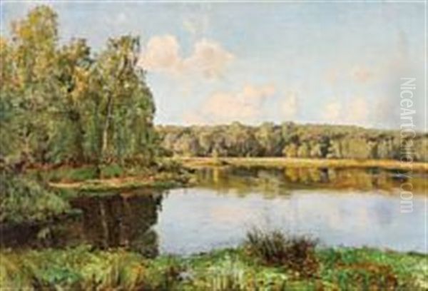 A Summer Landscape Near Lake And Forest Oil Painting by Frederik Julius August Winther