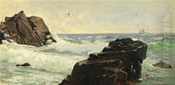 Rocky Coast With Sailing Ship In The Horizon Oil Painting by Frederik Julius August Winther