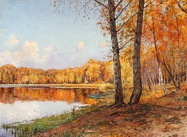 Autumn Day At A Forest Lake Oil Painting by Frederik Julius August Winther