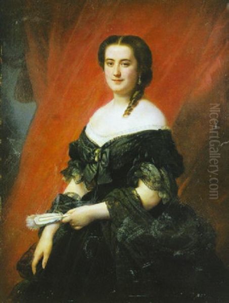 Portrait De Jeune Femme Tenant Un Eventail Oil Painting by Herman Wintherhalter