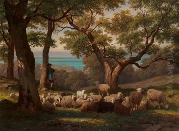 Shepherd And Flock In Landscape, 1872 Oil Painting by Guillaume (Wilhelm) Wintz