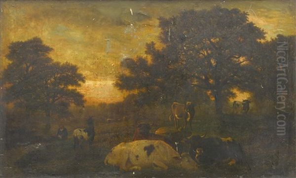 Cattle Resting In A Meadow At Evening Oil Painting by Guillaume (Wilhelm) Wintz