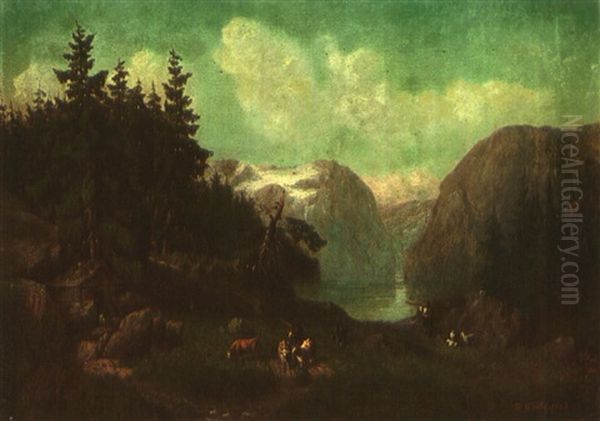 Schweizer Gebirgssee Mit Hirten, Hutte Und Alphornblaser Oil Painting by Guillaume (Wilhelm) Wintz