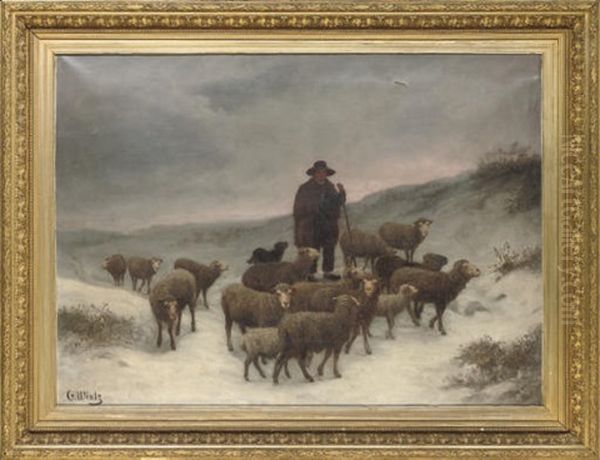 A Shepherd And His Flock In The Snow Oil Painting by Guillaume (Wilhelm) Wintz