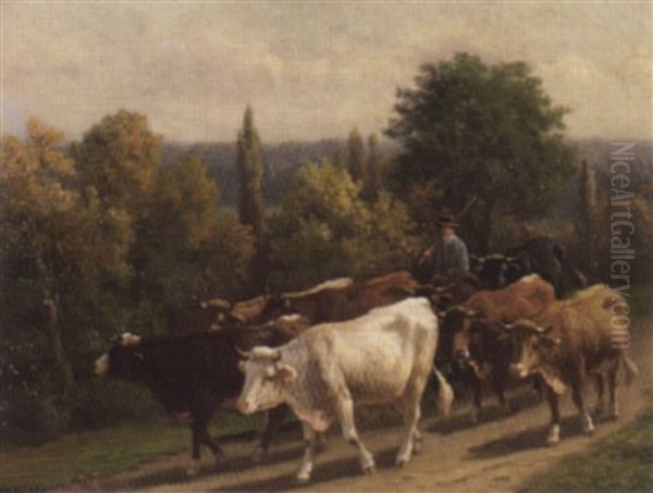 Kuhherde Mit Hirte Auf Weg Oil Painting by Guillaume (Wilhelm) Wintz