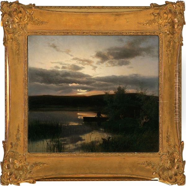 Sunset With A Manfishing In A Lake Oil Painting by Auguste Bromeis