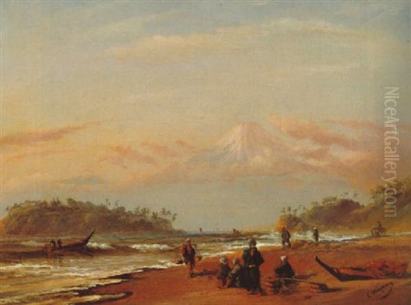 A View Of Mount Fuji From Shichirigahama Beach With Fisherfolk Oil Painting by Charles Wirgman Jr.