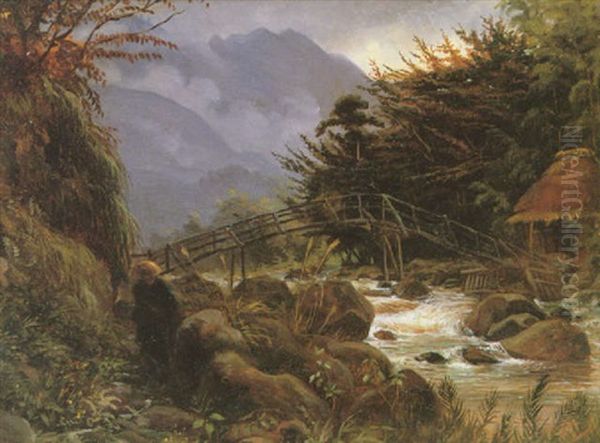 A Rocky River Landscape With A Japanese Farmer By A Footbridge Oil Painting by Charles Wirgman Jr.