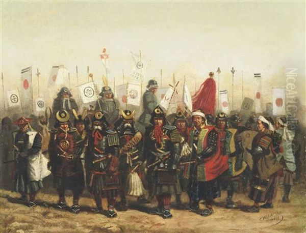 Japanese Warriors Oil Painting by Charles Wirgman Sr.