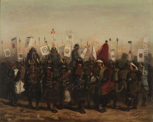 Japanese Samurai Dressed For Battle With Military Banners And Japanese Flags Flying Oil Painting by Charles Wirgman Sr.