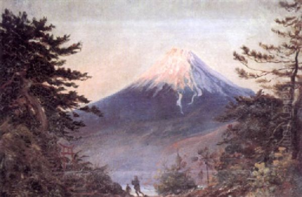 A View Of Mount Fusiyama With Figures In The Foreground Oil Painting by Charles Wirgman Sr.