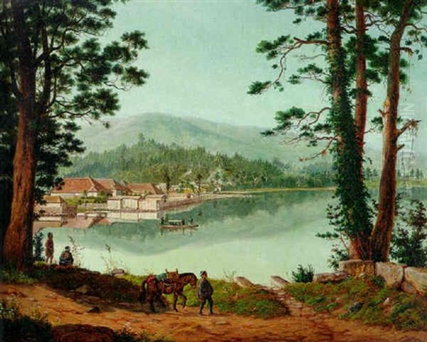 Figures Near A Lake In A Mountainous Woodland (japan?) Oil Painting by Charles Wirgman Sr.