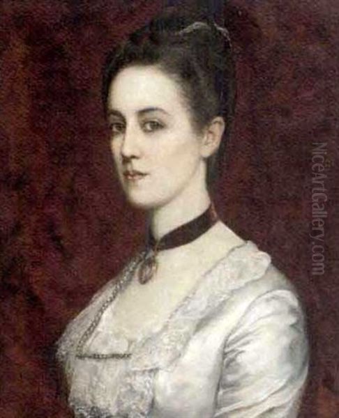 Portrait Of A Young Lady Wearing A Maroon Choker And Silk Dress Oil Painting by Theodore Blake Wirgman