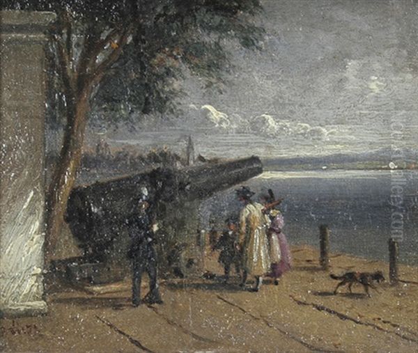 Familienausflug. Mutter Mit Kindern An Der Uferpromenade Eine Kanone Betrachtend, Neben Der Ein Gardist Steht Oil Painting by Albertus (Johannes A.) Wirth