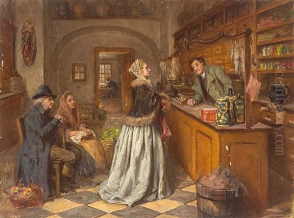 Blick In Eine Apotheke Mit Wartenden Kunden Und Apotheker Oil Painting by Anna Maria Wirth