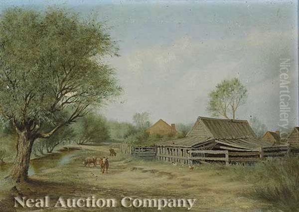 Cows Outside The Corral (+ Cows By The Barn; Pair) Oil Painting by James Hosmer Perkins Wise