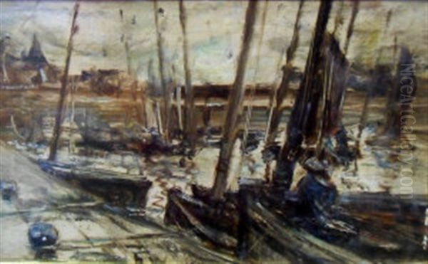 Moored Vessels In A Busy Harbor Oil Painting by Peter Wishart