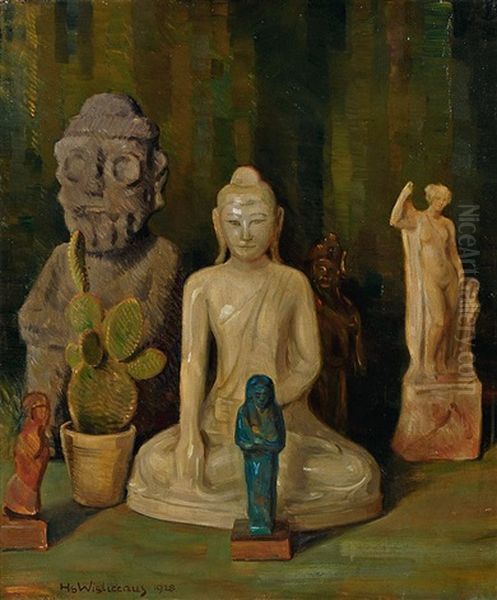 Stillleben Mit Skulpturen Und Kaktus Oil Painting by Hans Wislicenus