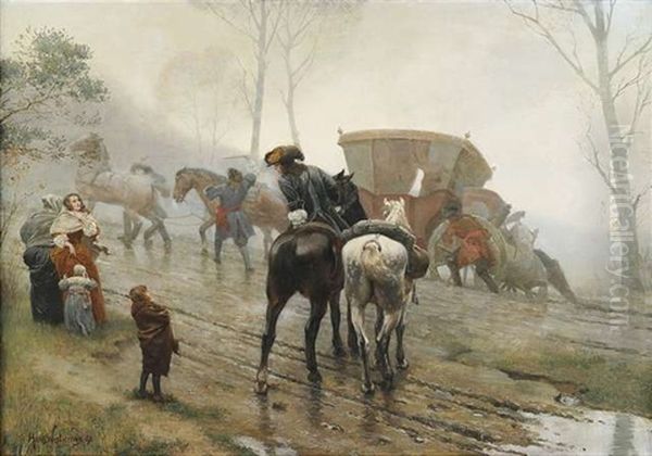 Reise-intermezzo Vor 200 Jahren. Eine Kutsche Steckt Bei Regenwetter Im Morast Fest Oil Painting by Hans Wislicenus