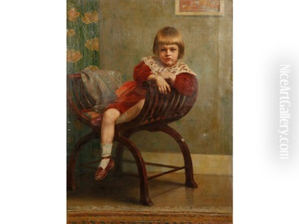 A Portrait Of A Child In Red And Wearing A Lace Collar Oil Painting by Hans Wislicenus