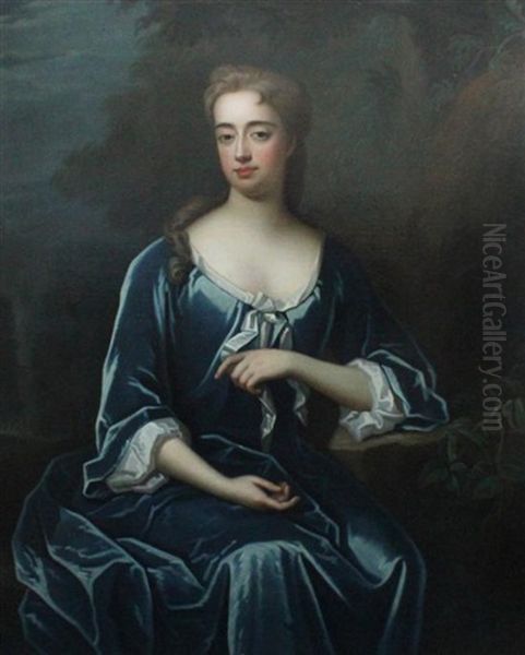 Portrait Of A Seated Lady Wearing A Blue Dress, A Landscape Beyond by Willem Wissing