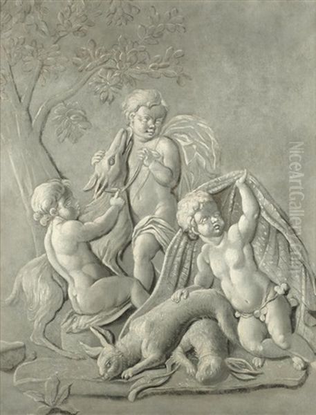 Putti Fishing; Putti Blowing Bubbles; Putti Frolicking; And Putti With Hunting Spoils Oil Painting by Jacob de Wit