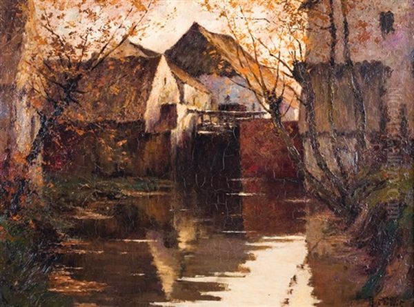 Moulin A Eau Oil Painting by Prosper Joseph Pierre de Wit