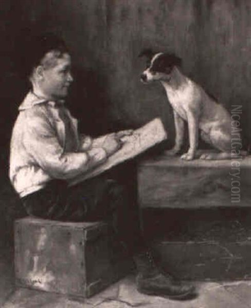 Young Boy Sketching His Dog Oil Painting by Karl Witcowsky