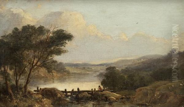 Landscape With Boy Sitting On A Weir Oil Painting by Frederick Bromley