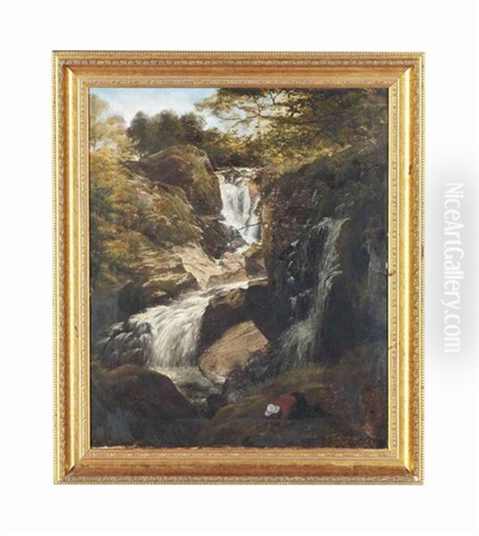 A Cascading Waterfall Oil Painting by William Frederick Witherington