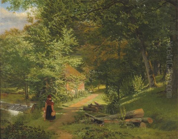 Mother And Child Accompanied By A Dog On A Woodland Path Oil Painting by William Frederick Witherington