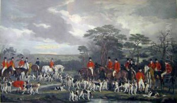 After Francis Grant R.a. , 'sir Richard Hutton And The Quorn Hounds', Handcoloured Engraving, 64cm X 99cm, Framed Oil Painting by Frederick Bromley