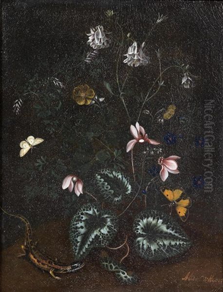 Forest Floor Still Life With Butterflies And Lizard Oil Painting by Alida Withoos