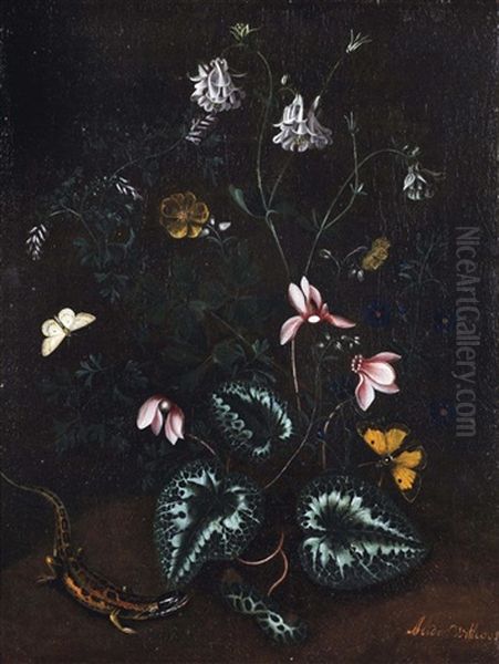 A Forest Floor With Aquilegia, Various Other Flowers, Butterflies And A Lizard Oil Painting by Alida Withoos