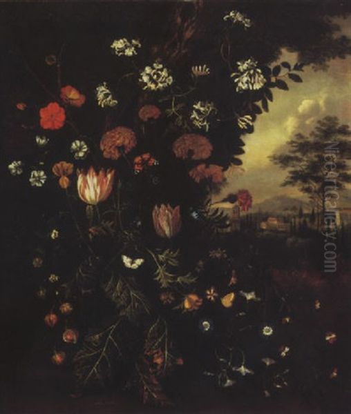 Honeysuckle, Tulips, Poppies, Narcissi, Wild Undergrowth, And Butterflies In An Italianate Landscape With A Villa Beyond Oil Painting by Alida Withoos