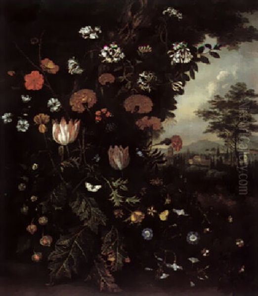 A Forest Floor Still Life With Tulips, Carnations, Roses, Honeysuckle, Thistle And Other Flowers, An Italianate Landscape Beyond Oil Painting by Alida Withoos