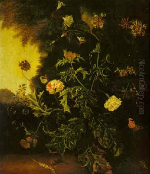 A Forest Floor Still Life With A Thistle, A Lizard Perched On A Bird's Nest, Various Flowers And A Mouse Oil Painting by Alida Withoos