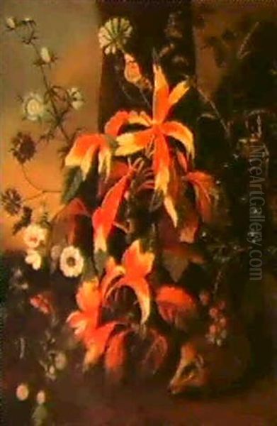 Blumen Am Waldrand Mit Einem Igel, Einer Eidechse Und       Schmetterlingen Oil Painting by Frans Withoos