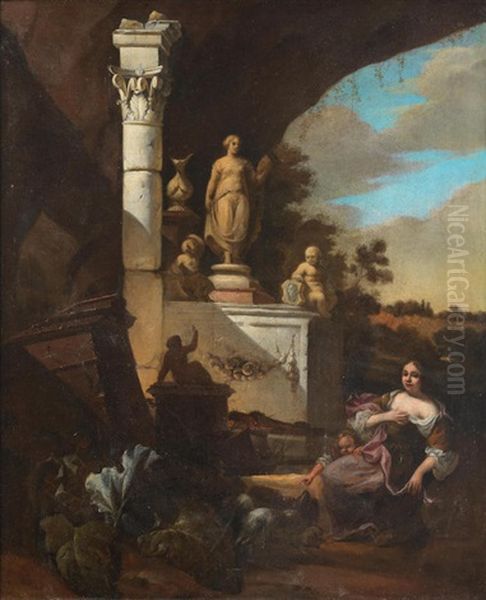 A Lady And Child Playing With A Dog Before Ruins Oil Painting by Matthias Withoos