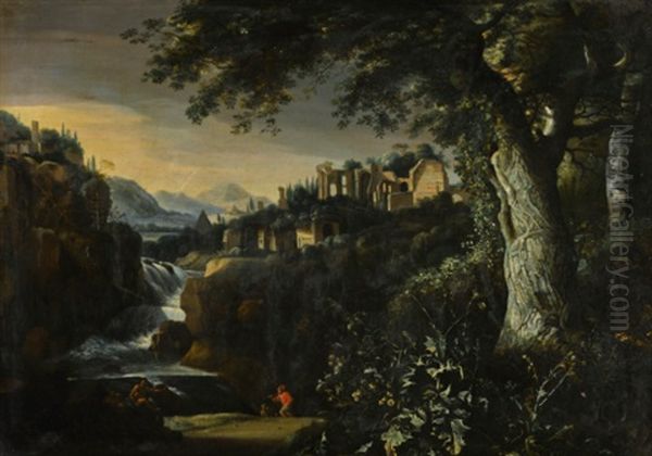 Mountainous River Landscape With Ruined Buildings And A Forest Floor Oil Painting by Matthias Withoos