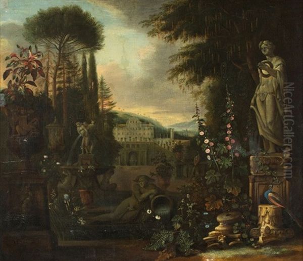 Scene De Parc La Nuit Avec Statues Et Palais Aldobrandini Oil Painting by Matthias Withoos