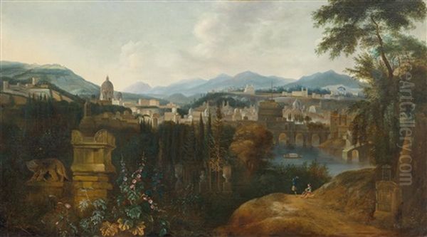 View Of Rome From The Gianicolo, With View Of Castel Sant'angelo And The Dome Of St Peter's, With A Forest Still Life In The Foreground Oil Painting by Matthias Withoos